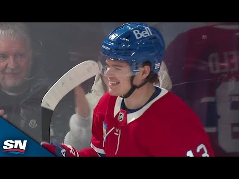 Canadiens' Cole Caufield Bats Down Pass And Snipes Perfect Shot Past Flames' Dustin Wolf