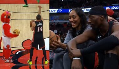 Bam Adebayo with A'ja Wilson and Tyler Herro vs Bulls mascot during game delay