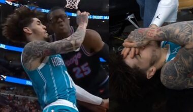 LaMelo Ball and Jalen Smith almost knock each other out after nasty head collision