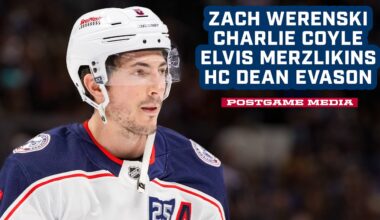 Zach Werenski, Charlie Coyle, Elvis Merzlikins & HC Dean Evason -  CBJ @ Avalanche | Postgame Media