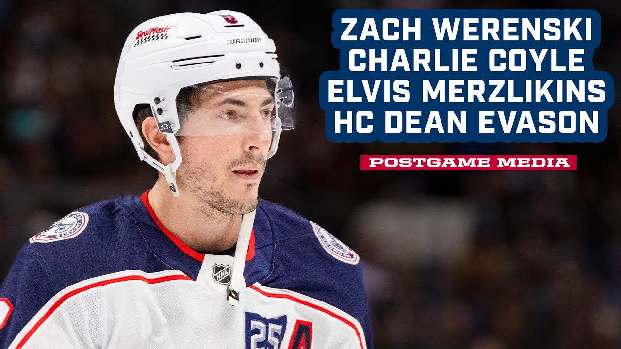 Zach Werenski, Charlie Coyle, Elvis Merzlikins & HC Dean Evason -  CBJ @ Avalanche | Postgame Media