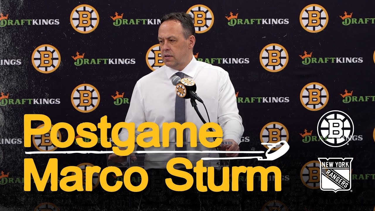 Marco Sturm speaks with media after 10-2 win over Rangers