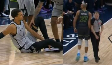 Rudy Gobert flagrant 1 foul on Wemby almost injures him then bumps ref and gets tech