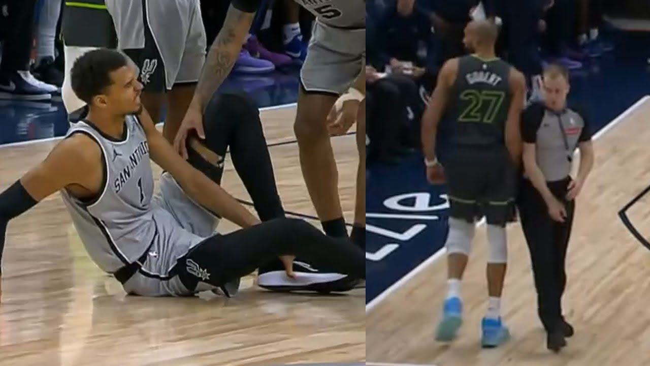 Rudy Gobert flagrant 1 foul on Wemby almost injures him then bumps ref and gets tech
