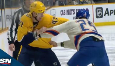 Oilers' Darnell Nurse And Predators' Michael McCarron Square Off After Opening Puck Drop