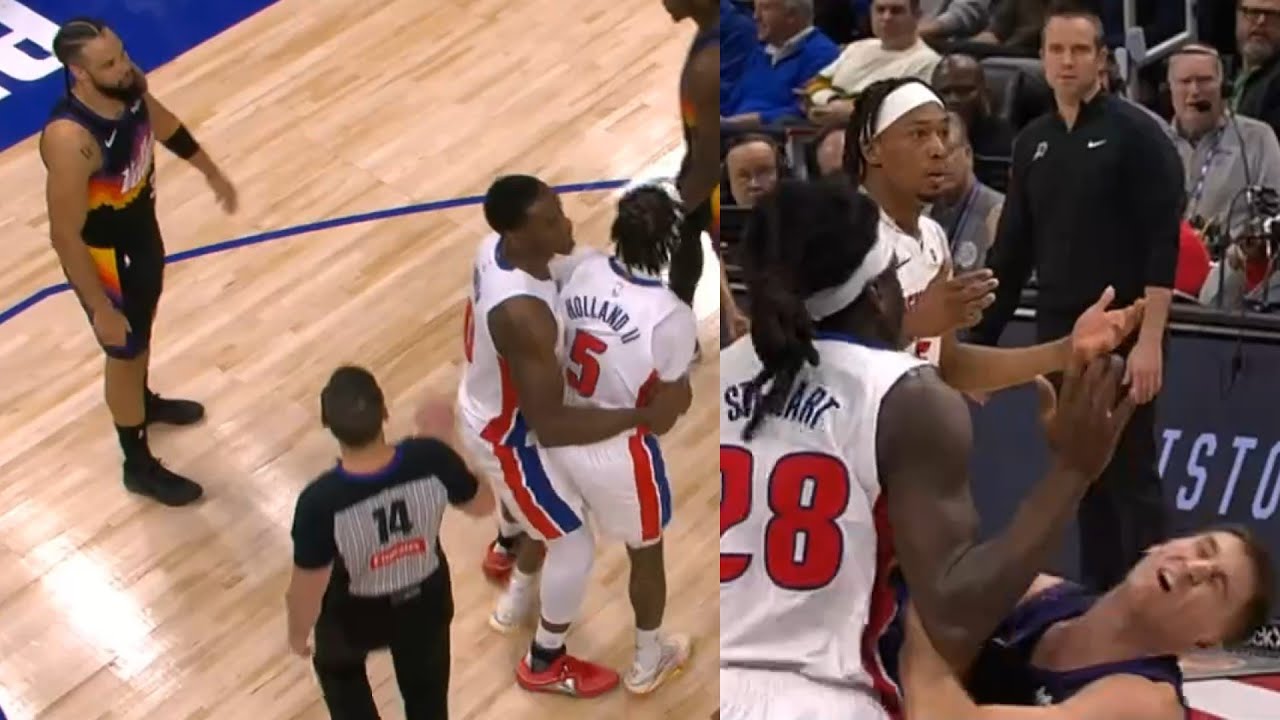 Ron Holland held back from Dillon Brooks then Isaiah Stewart bumps Gillespie after whistle