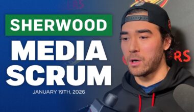 Canucks’ Kiefer Sherwood speaks with media after being traded to the San Jose Sharks