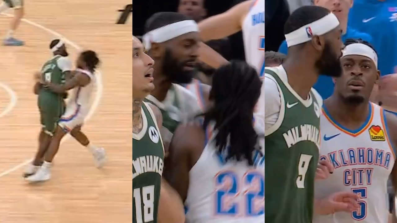 Bobby Portis bumps Cason Wallace off ball then Wallace bumps back and Dort has words