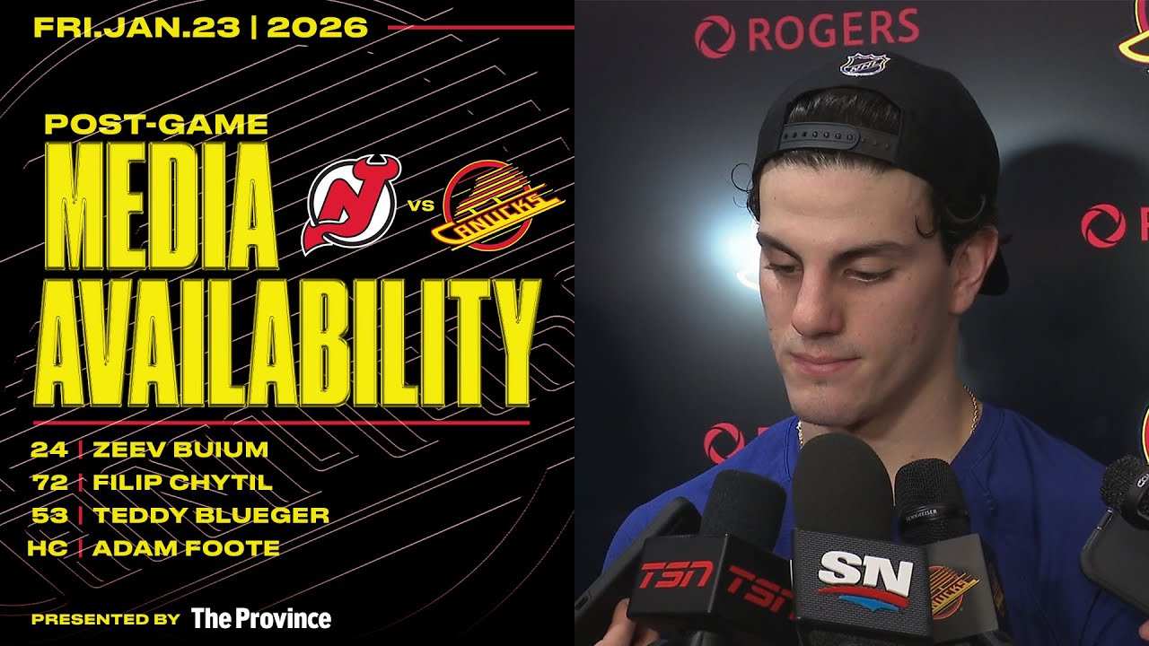 Buium, Chytil, Blueger & Adam Foote Post-Game Media | Canucks vs. Devils (Jan 23, 2026)