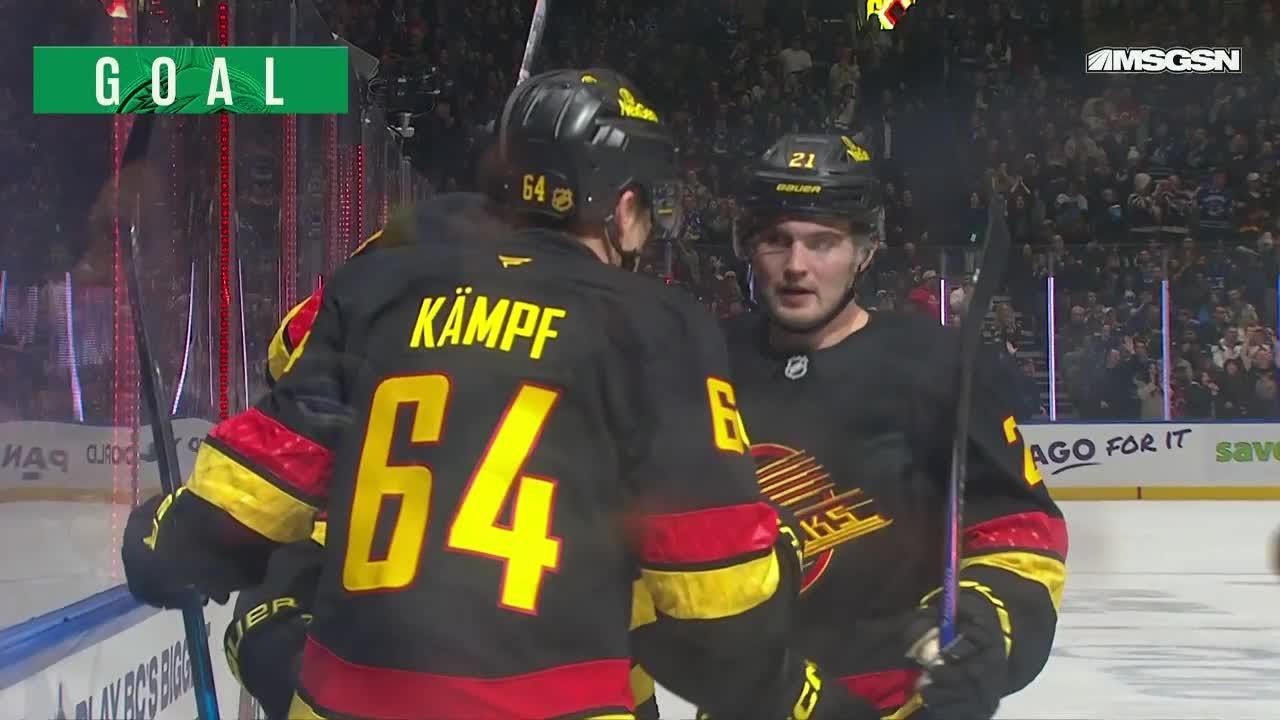 Linus Karlsson scores a goal against the New Jersey Devils