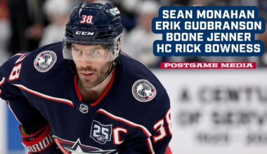 Sean Monahan, Erik Gudbranson, Boone Jenner and Head Coach Rick Bowness | Postgame Media