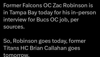 Former Falcons OC Zac Robinson is in Tampa Bay today for his in-person interview for Bucs OC job, per sources. 

So, Robinson goes today, former Titans HC Brian Callahan goes tomorrow
