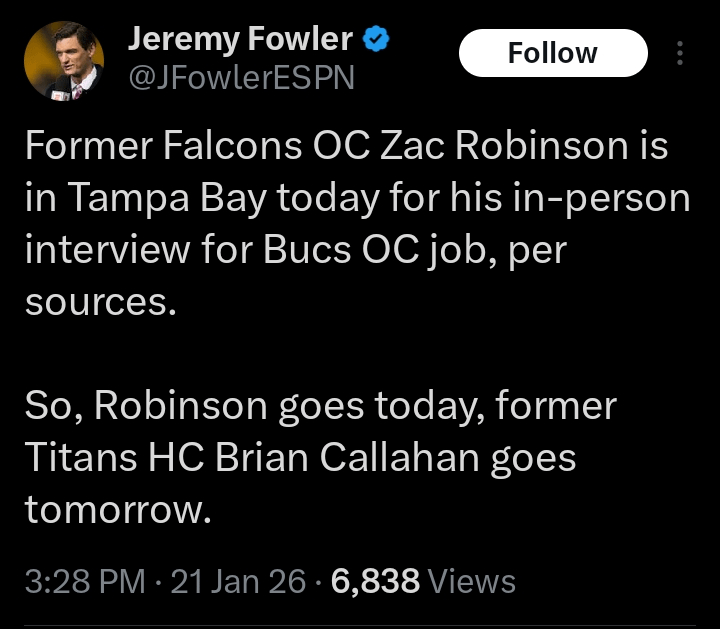 Former Falcons OC Zac Robinson is in Tampa Bay today for his in-person interview for Bucs OC job, per sources. 

So, Robinson goes today, former Titans HC Brian Callahan goes tomorrow