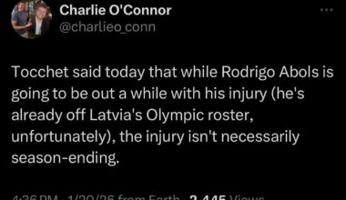 [O’Connor] Tocchet said today that while Rodrigo Abols is going to be out a while with his injury (he's already off Latvia's Olympic roster, unfortunately), the injury isn't necessarily season-ending.