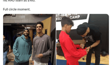 "Cool moment of Kitchener’s Jamal Murray and Will Riley linking up after the Denver Nuggets and Washington Wizards game last night. Riley attended one of Murray’s first ever basketball camps and played for his AAU team as a kid. Full circle moment."