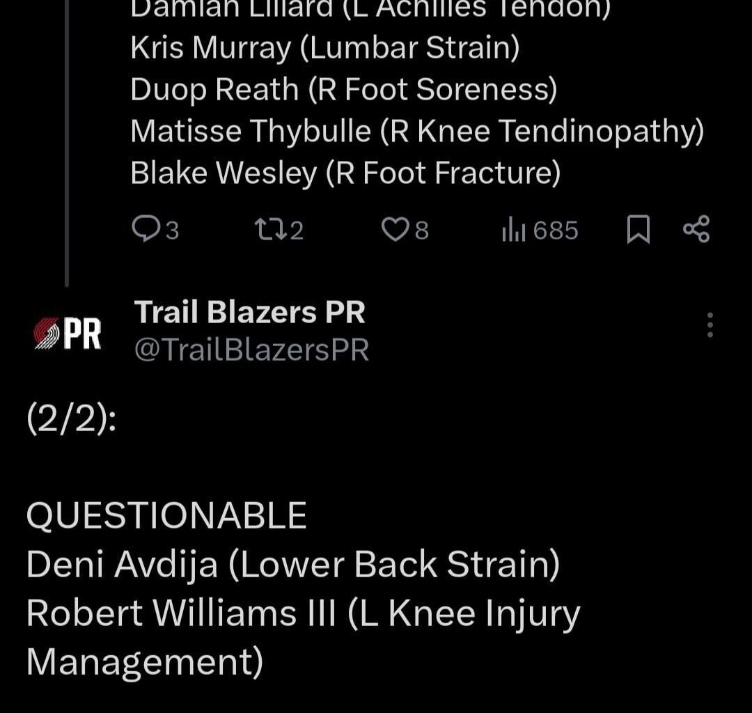 Deni has been upgraded to questionable for tomorrow's game, previously was listed as doubtful