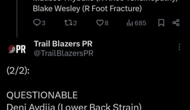 Deni has been upgraded to questionable for tomorrow's game, previously was listed as doubtful