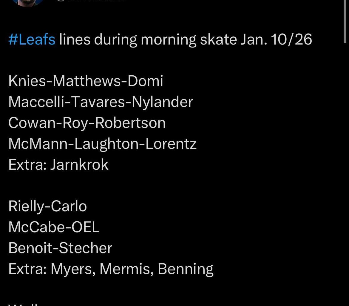 [Alter] Leafs lines during morning skate Jan. 10/26. Morning skate/player updates inside comments