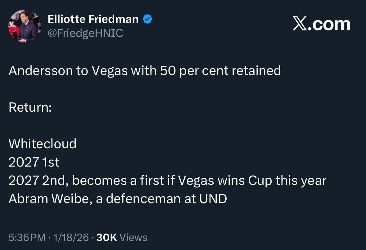 [Friedman] Andersson to Vegas with 50 per cent retained: