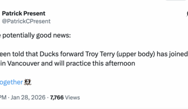 [Patrick Present] I’ve been told that Ducks forward Troy Terry (upper body) has joined the team in Vancouver and will practice this afternoon