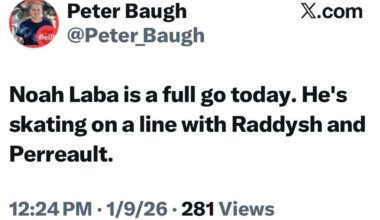 [Baugh] Noah Laba is a full go today. He's skating on a line with Raddysh and Perreault.