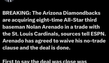 BREAKING: The Arizona Diamondbacks are acquiring eight-time All-Star third baseman Nolan Arenado in a trade with the St. Louis Cardinals, sources tell ESPN. Arenado has agreed to waive his no-trade clause and the deal is done.