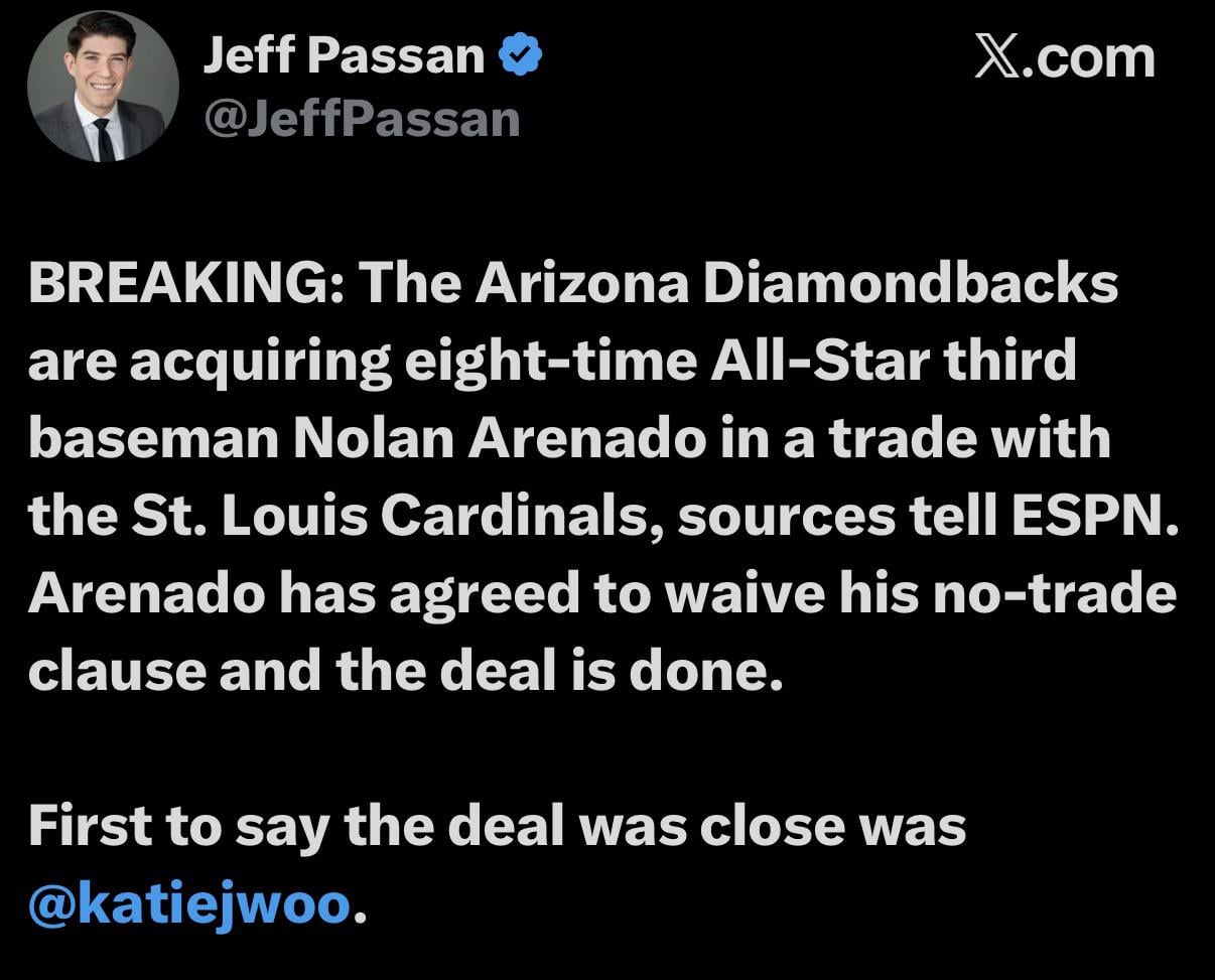 BREAKING: The Arizona Diamondbacks are acquiring eight-time All-Star third baseman Nolan Arenado in a trade with the St. Louis Cardinals, sources tell ESPN. Arenado has agreed to waive his no-trade clause and the deal is done.