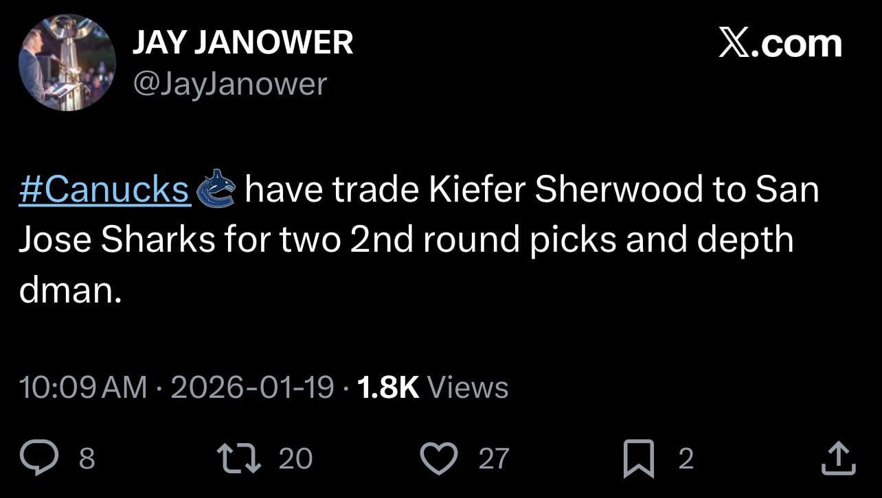 [Report] Canucks have traded Sherwood to SJS