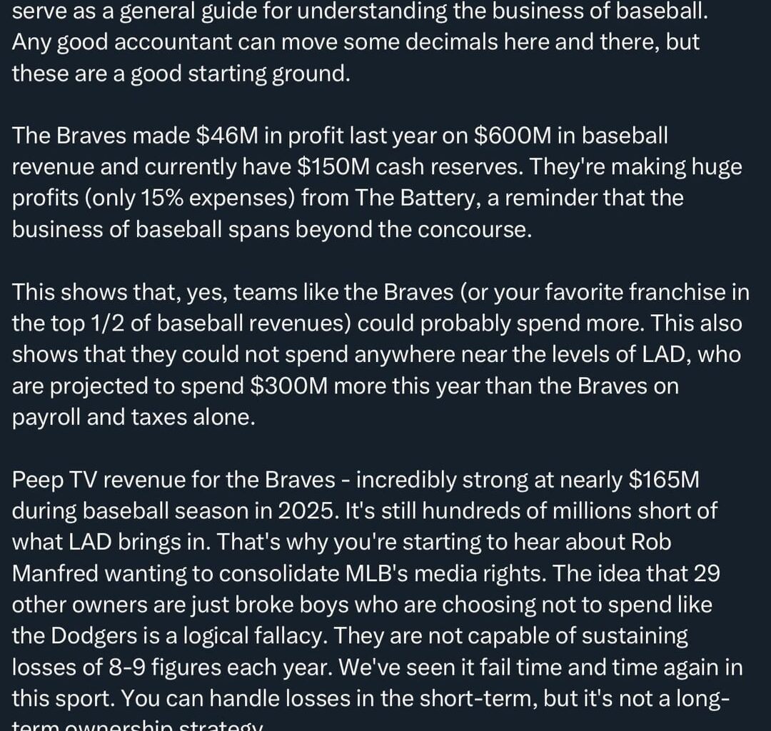 [Daniel Meyer] The Atlanta Braves financial statements are publicly available and serve as a general guide for understanding the business of baseball. Any good accountant can move some decimals here and there, but these are a good starting ground.