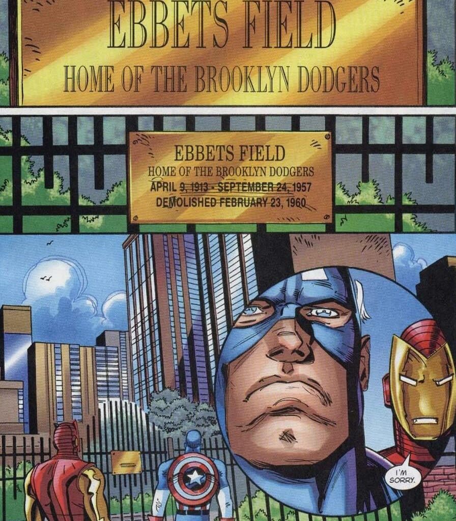 The recently unfrozen Captain America finds out that the Brooklyn Dodgers have moved (Captain America: Sentinel of Liberty #5; November 1998)