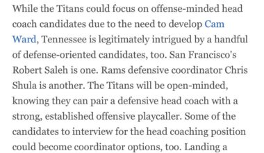 From Jeremy Fowler’s Article: Titans could legitimately go with a defensive-minded coach. They are particularly interested in 49ers DC Robert Saleh and Rams DC Chris Shula