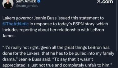 Jeanie Buss issues statement to The Athletic: “It’s really not right, given all the great things LeBron has done for the Lakers, that he has to be pulled into my family drama,” Jeanie Buss said. “To say that it wasn’t appreciated is just not true and completely unfair to him.”
