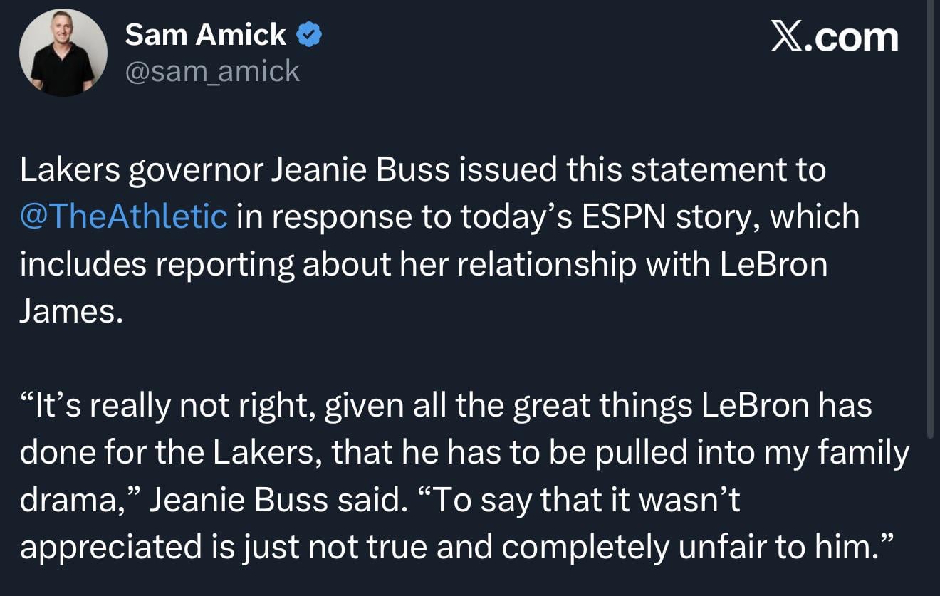 Jeanie Buss issues statement to The Athletic: “It’s really not right, given all the great things LeBron has done for the Lakers, that he has to be pulled into my family drama,” Jeanie Buss said. “To say that it wasn’t appreciated is just not true and completely unfair to him.”