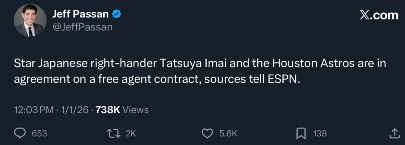 [Passan] Star Japanese right-hander Tatsuya Imai and the Houston Astros are in agreement on a free agent contract, sources tell ESPN.