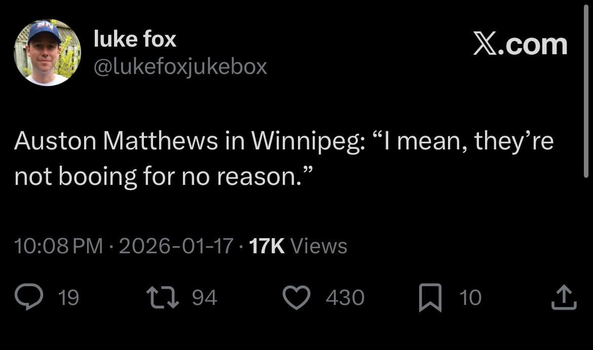 [Fox] Auston Matthews in Winnipeg: “I mean, they’re not booing for no reason.”