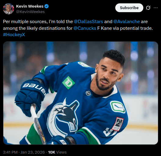 Kevin Weeks on X: I’m told the @DallasStars and @Avalanche are among the likely destinations for @Canucks F Kane via potential trade. #HockeyX