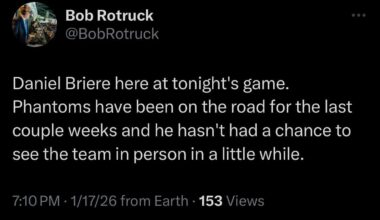 [Rotruck] Daniel Briere here at tonight's game. Phantoms have been on the road for the last couple weeks and he hasn't had a chance to see the team in person in a little while.