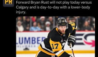 [Penguins PR] Forward Bryan Rust will not play today versus Calgary and is day-to-day with a lower-body injury.