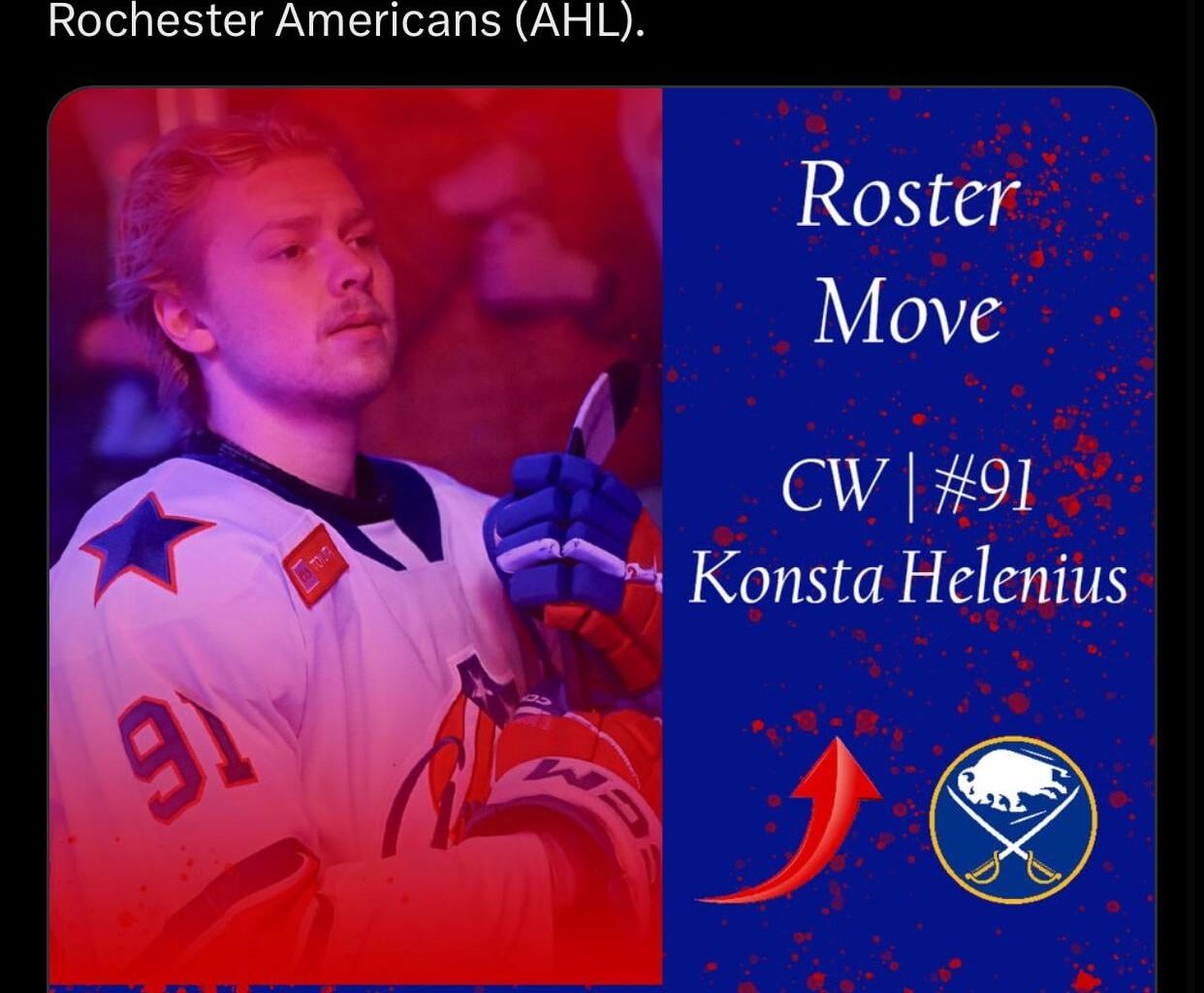 [Sabres Advisory] According to the NHL website, the Buffalo Sabres have recalled forward Konsta Helenius from the Rochester Americans (AHL).