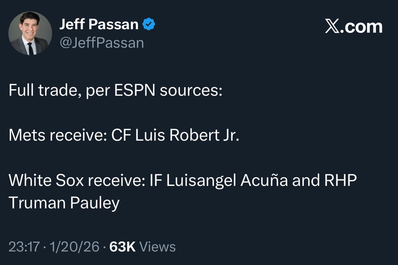 Report: Mets trade Luisangel Acuña & Truman Pauley for OF Luis Robert Jr per Jeff Passan