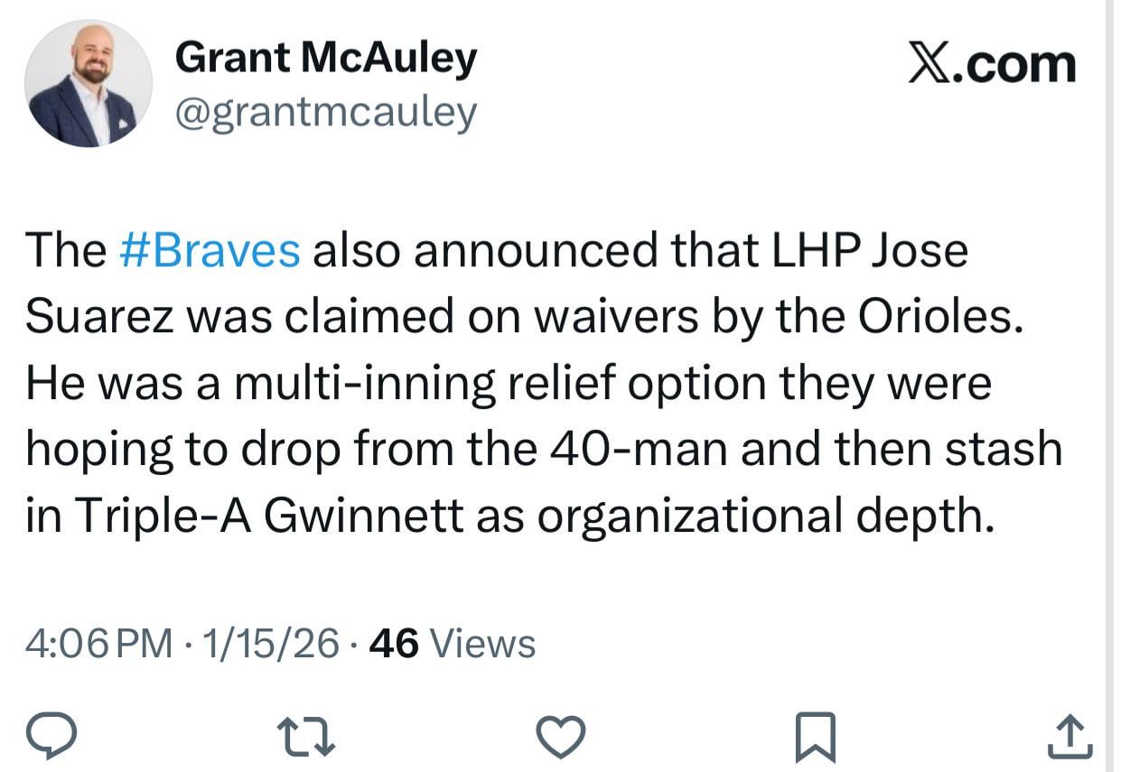[McAuley] The Braves also announced that LHP Jose Suarez was claimed on waivers by the Orioles. He was a multi-inning relief option they were hoping to drop from the 40-man and then stash in Triple-A Gwinnett as organizational depth.