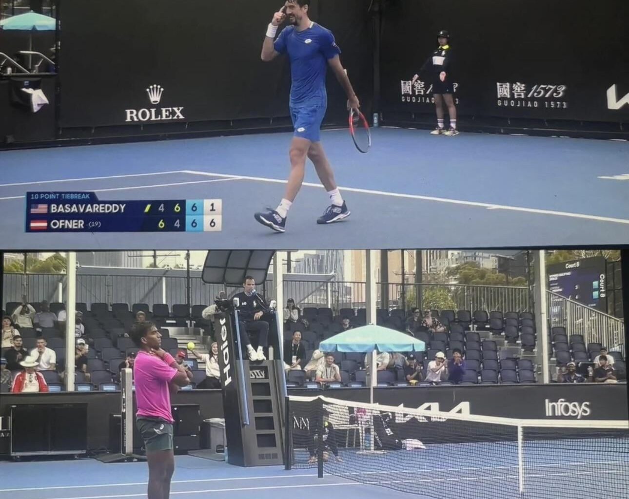 Sebastian Ofner believes he’s won the match after losing track of the score, Carmel High graduate Nishesh Basavareddy hits the Reggie Miller celebration after completing the comeback.