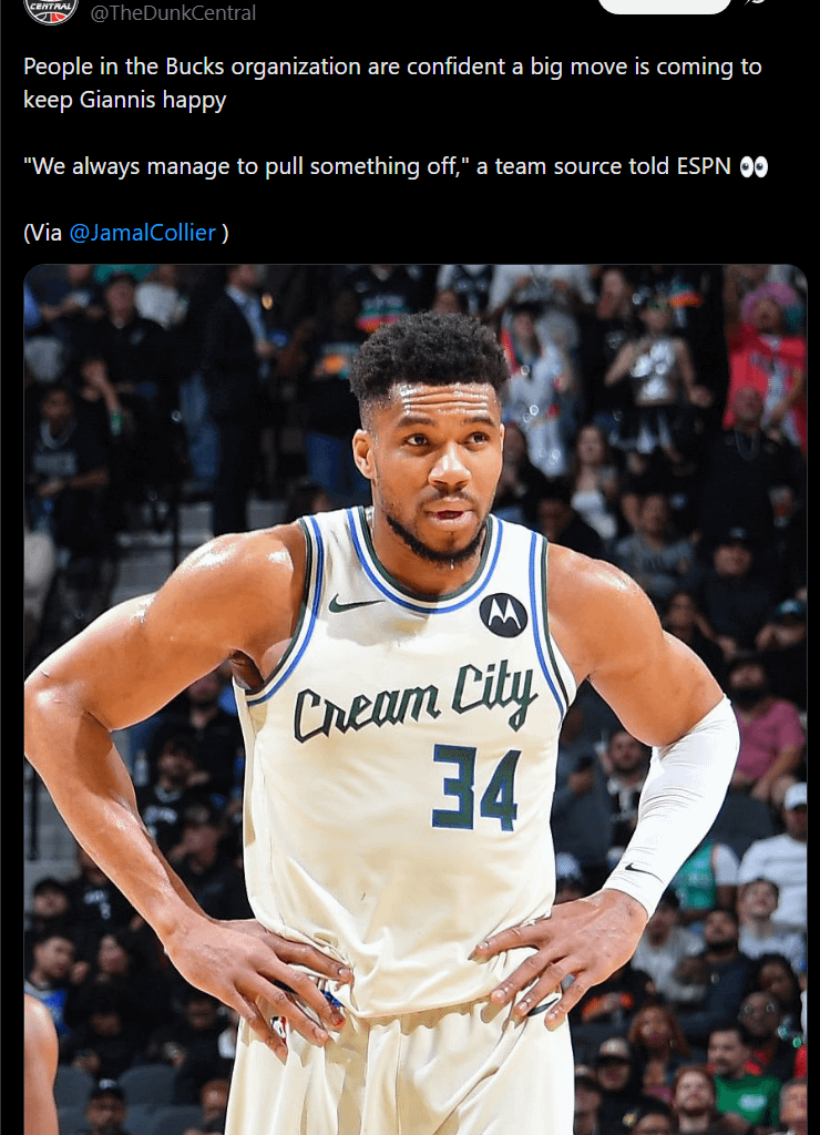 [NBACentral] People in the Bucks organization are confident a big move is coming to keep Giannis happy "We always manage to pull something off," a team source told ESPN 👀 (Via @JamalCollier )