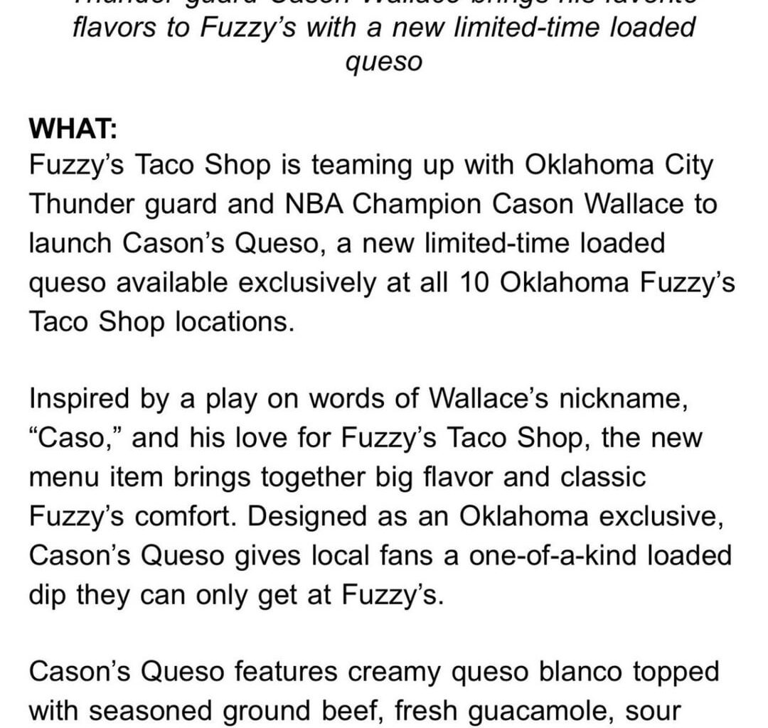 Cason Wallace & Fuzzy’s Taco Shop have collaborated for a loaded queso only available in Oklahoma