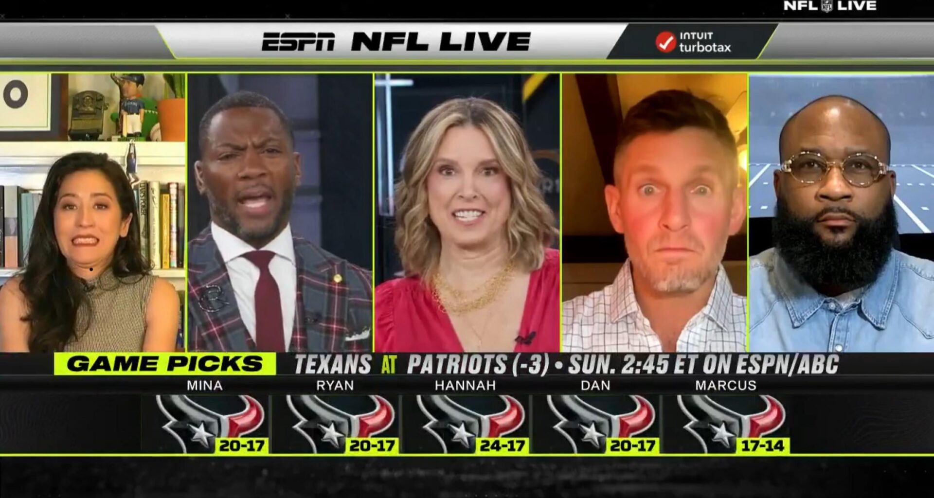 Screenshot of ESPN crew all picking the Texans over the Patriots.