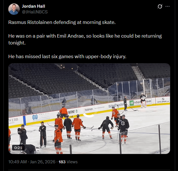 [Hall] Rasmus Ristolainen defending at morning skate. He was on a pair with Emil Andrae, so looks like he could be returning tonight. He has missed last six games with upper-body injury.