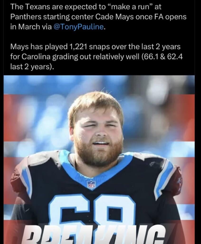 The Texans will possibly pursue FA Cade Mays (C).