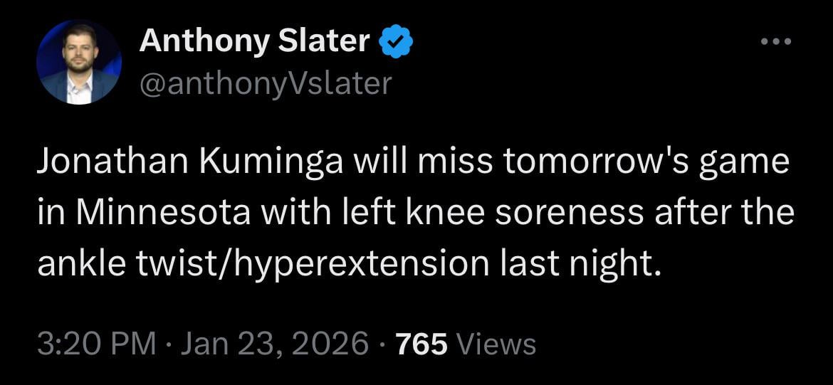 [Slater] Jonathan Kuminga will miss tomorrow's game in Minnesota with left knee soreness after the ankle twist/hyperextension last night.
