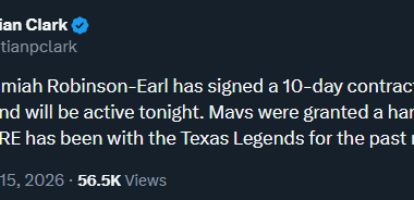 Mavs sign Jeremiah Robinson-Earl to 10-day contract.
