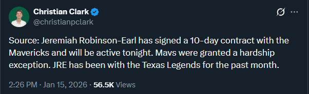 Mavs sign Jeremiah Robinson-Earl to 10-day contract.